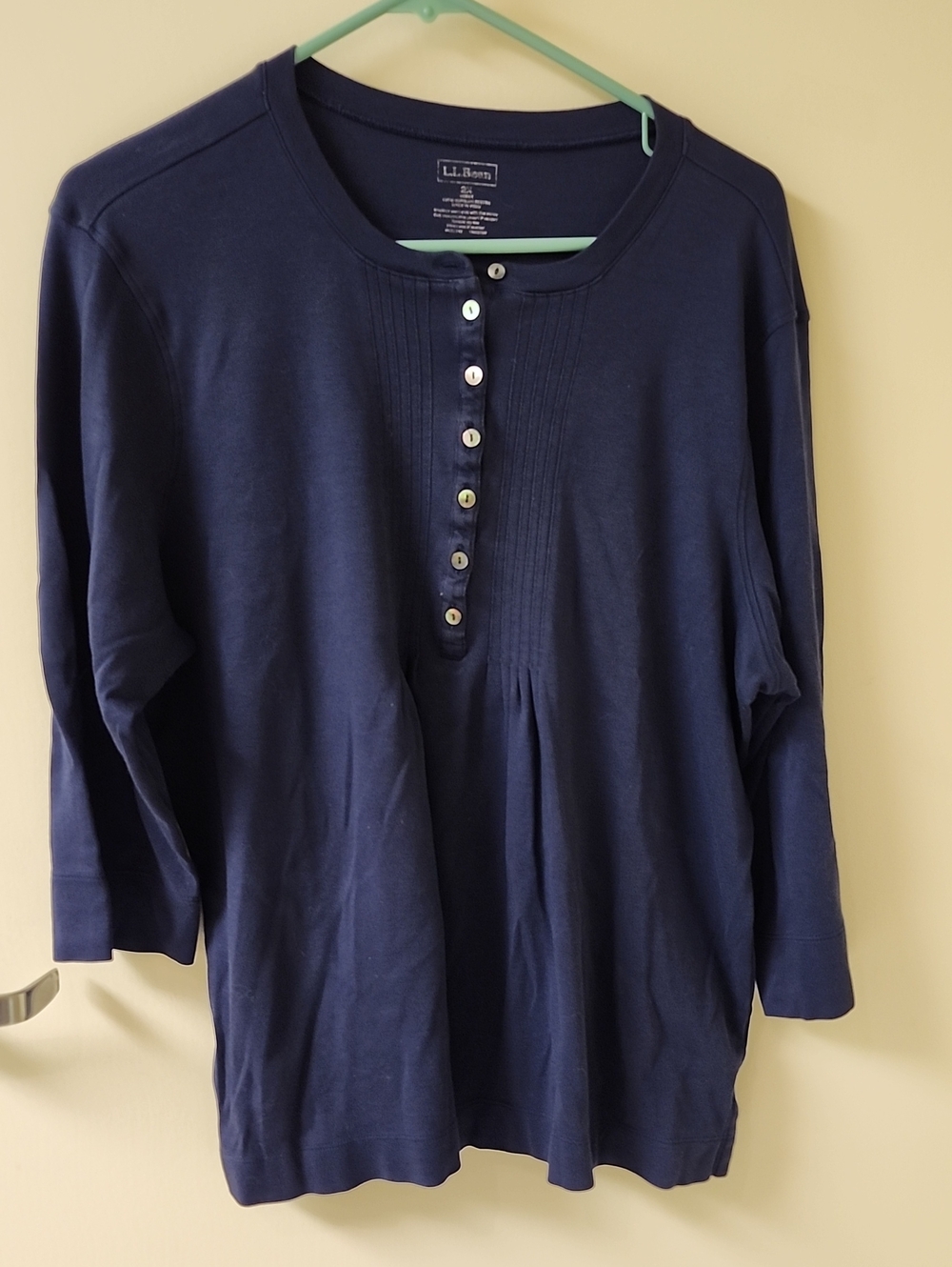 2-L.L.Bean Deep Navy And White Pintuck Henley Tops
